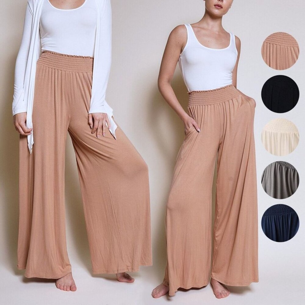 TAN NEW MAXI WIDE-LEGGED PANTS BAMBOO W/ POCKETS
